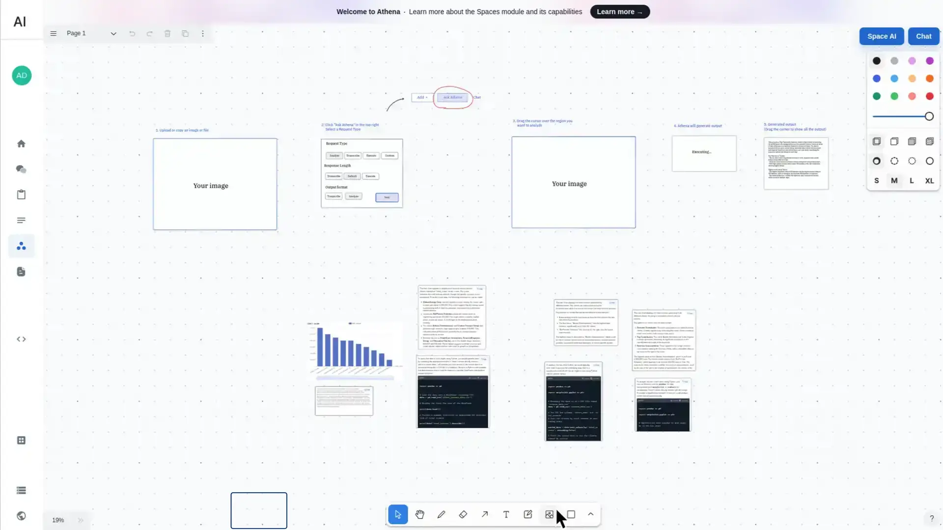 Athena Intelligence Spaces Beta feature interface with image upload placeholders and editing tools.