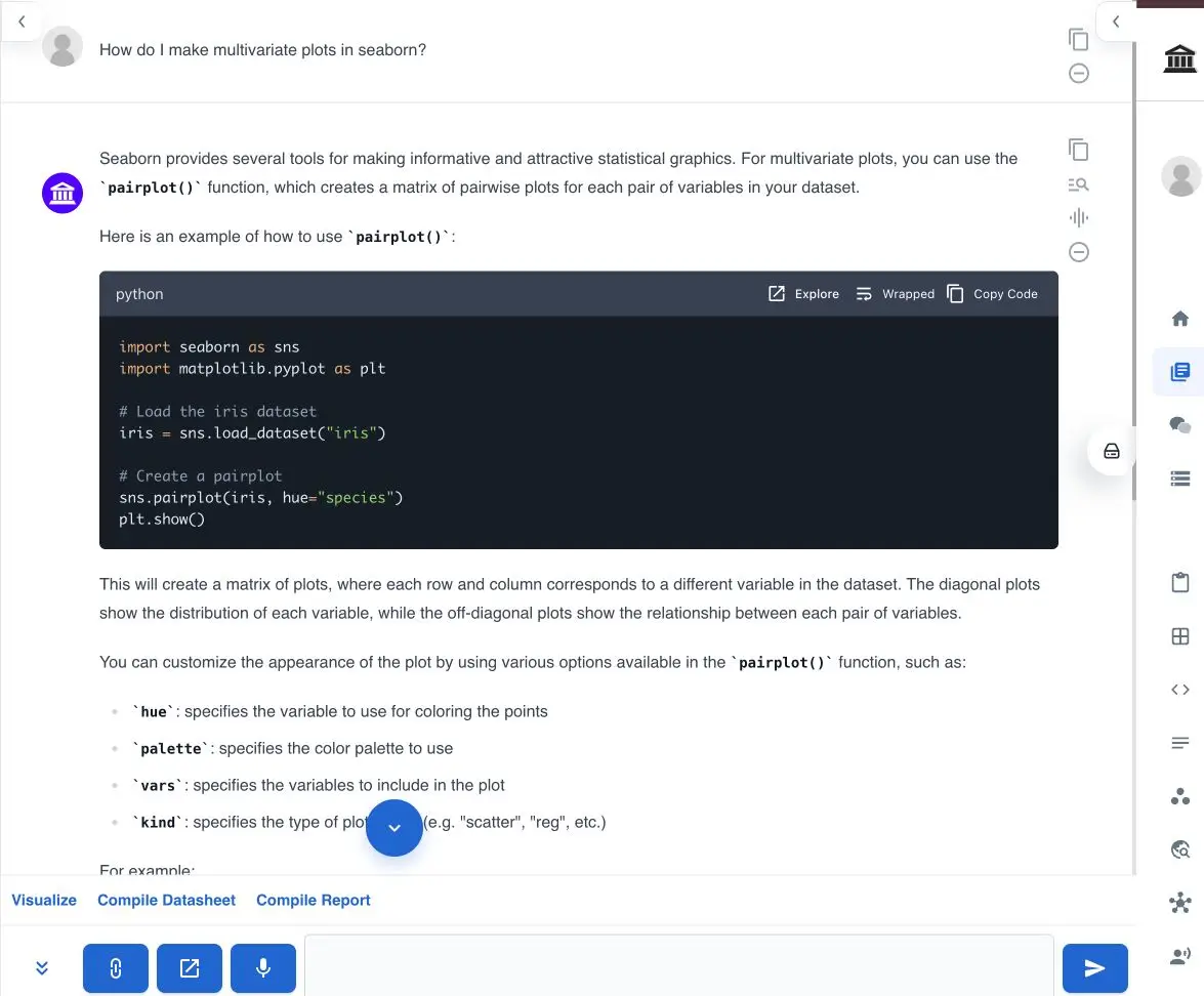 Athena Intelligence Notebooks feature showing an explanation and code example for creating multivariate plots in Seaborn.