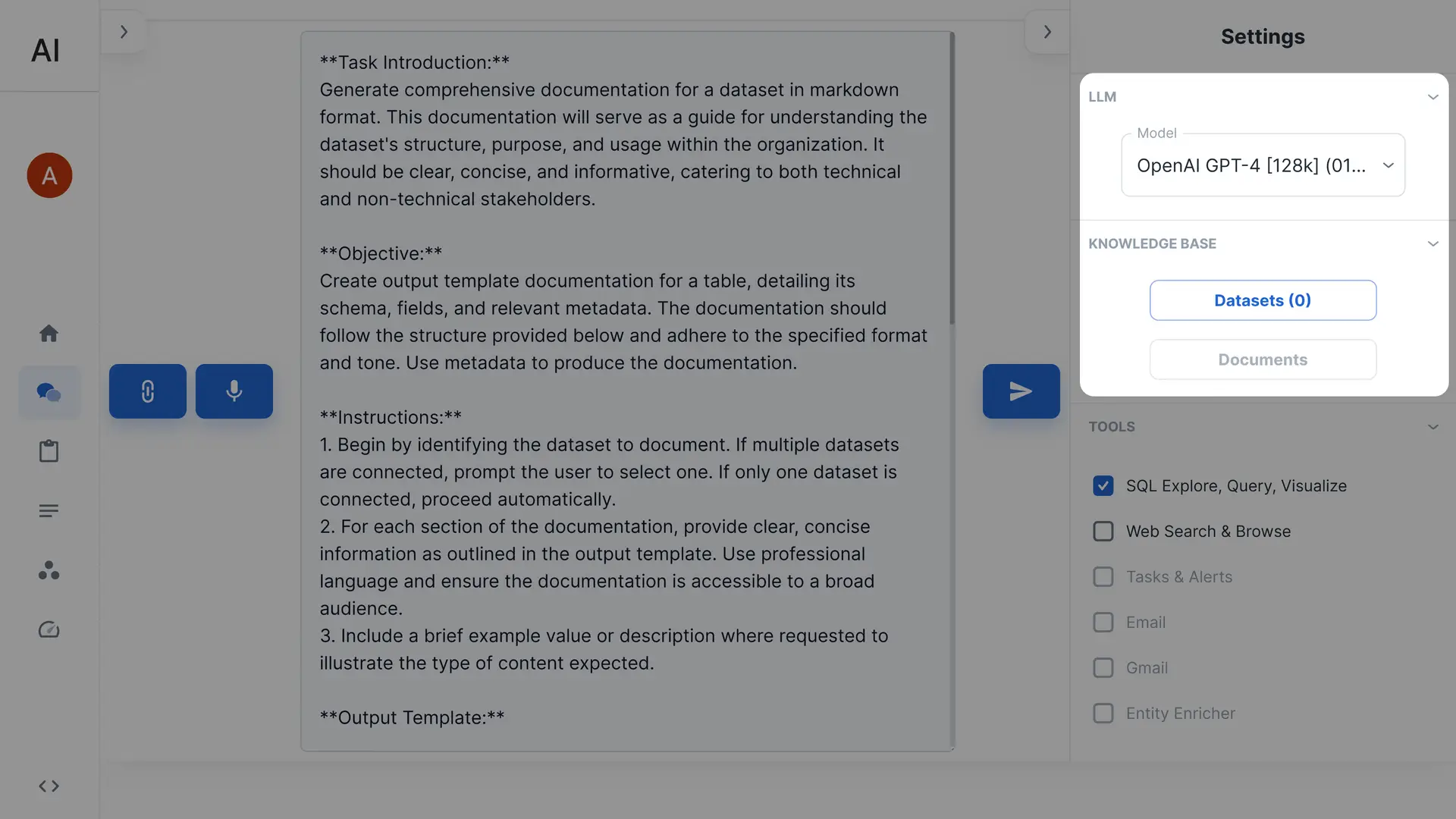 Athena Intelligence Start Chat feature with settings panel open showing LLM and tools options.