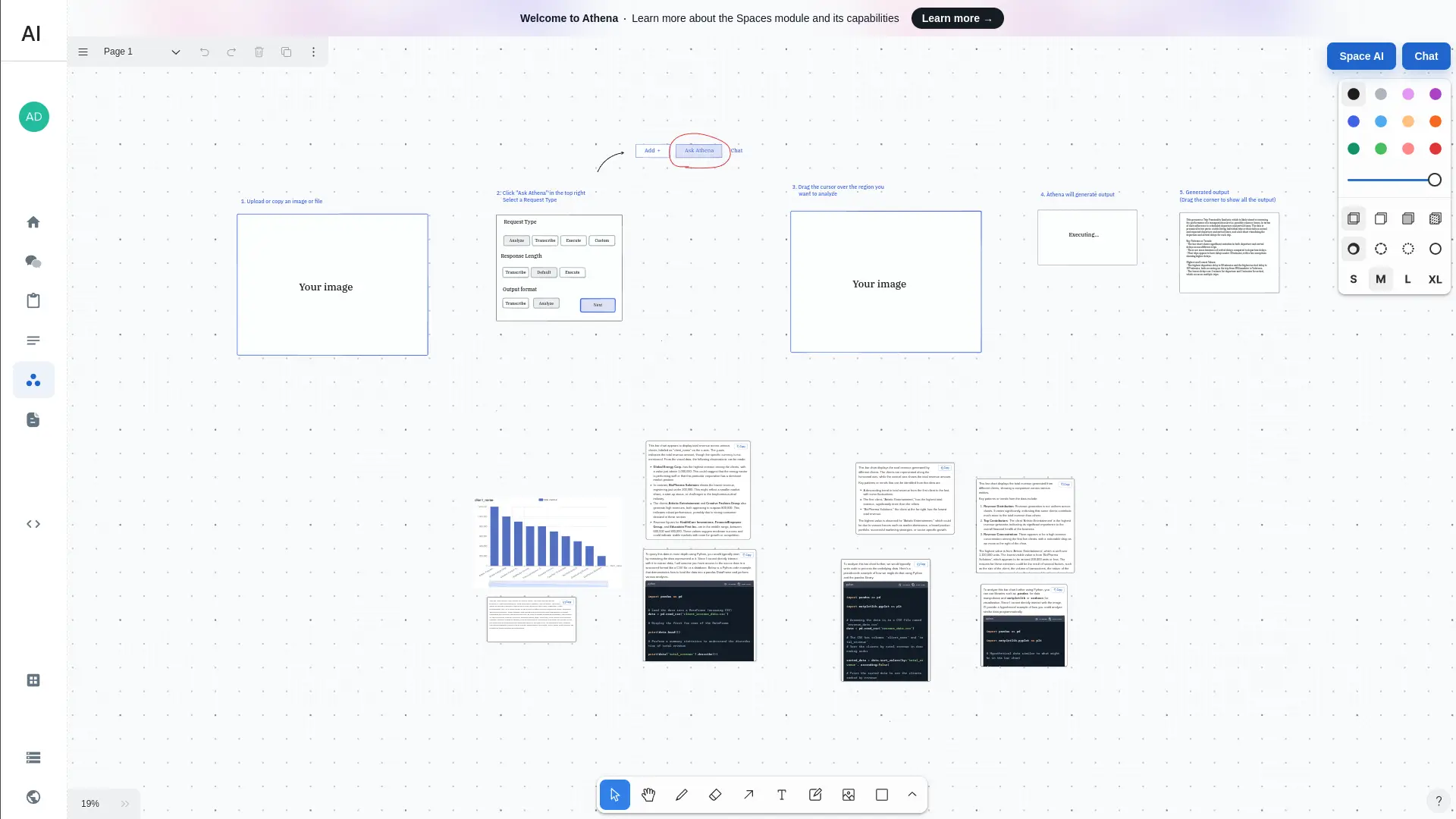 Athena Intelligence Spaces feature workspace with instructions and tools for data analysis.