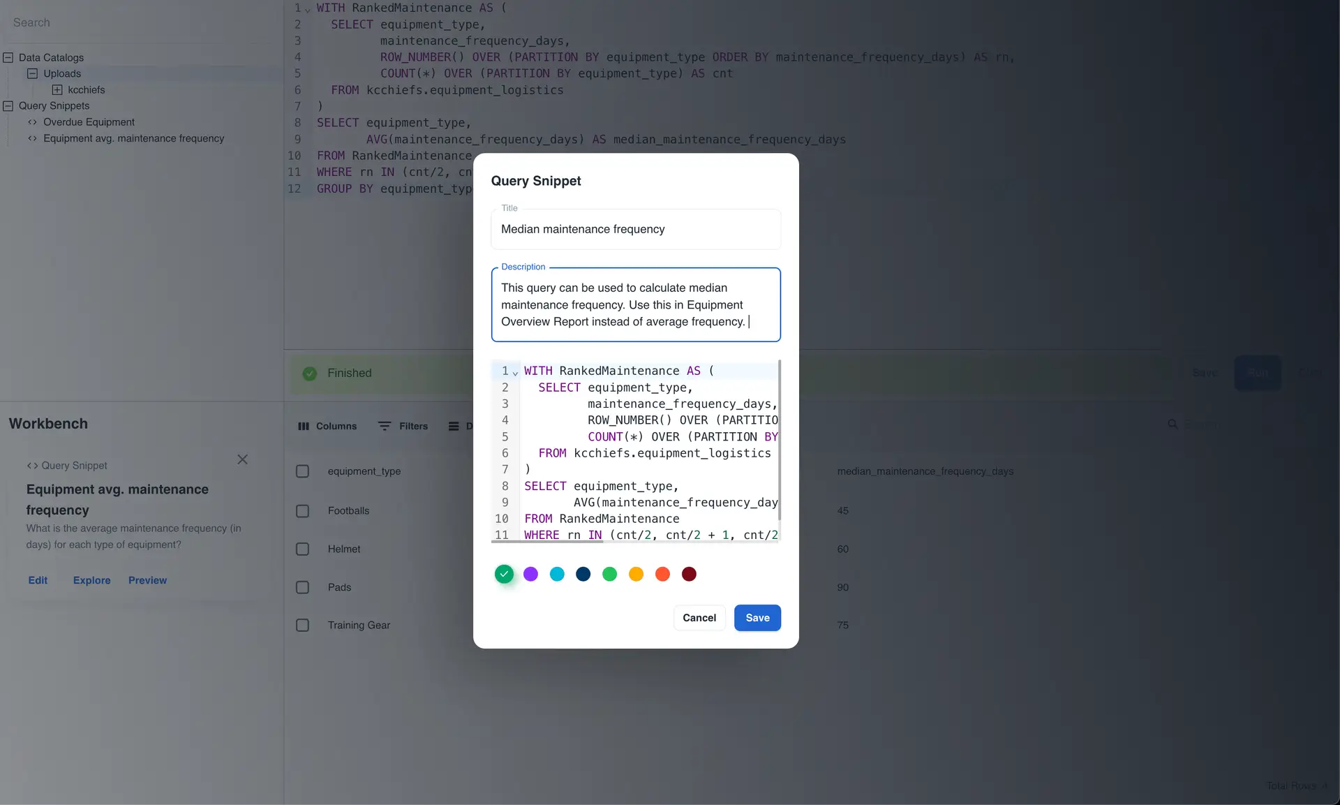 Athena Intelligence Query Editor with Query Snippet modal for median maintenance frequency.