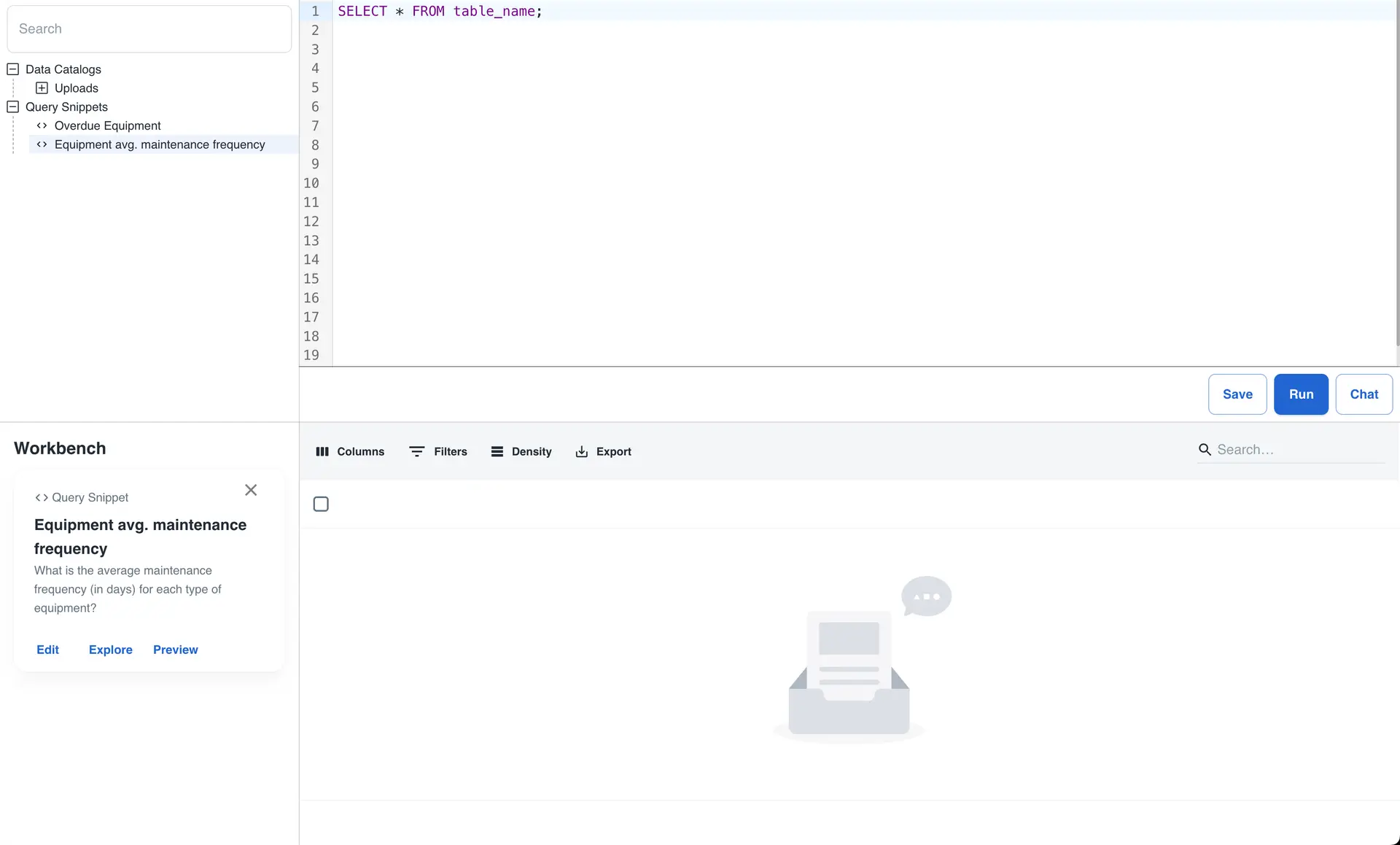 Athena Intelligence Query Editor with SQL query and query snippet for equipment maintenance frequency.