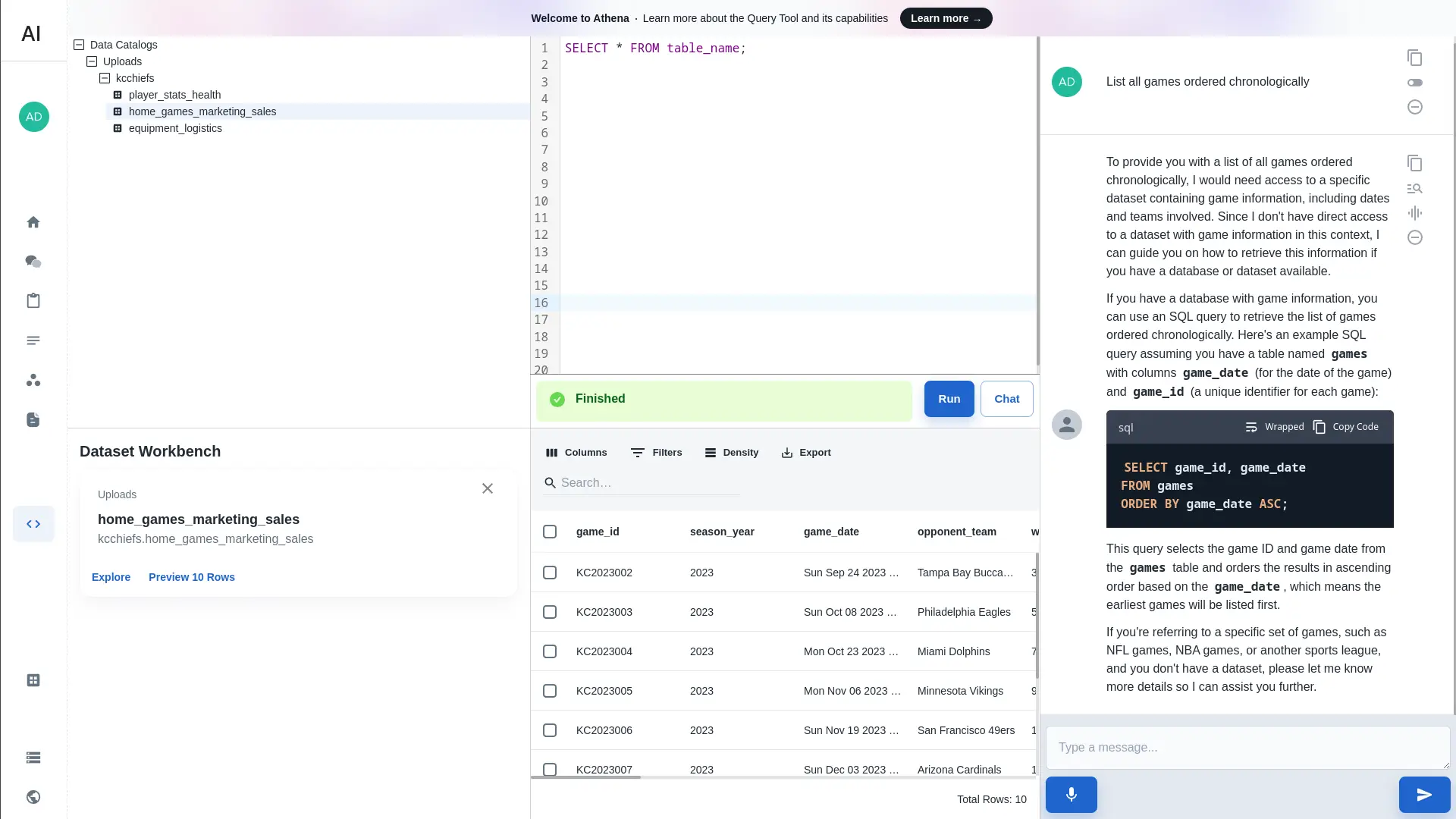 Athena Intelligence Query Editor with dataset selection and SQL query example