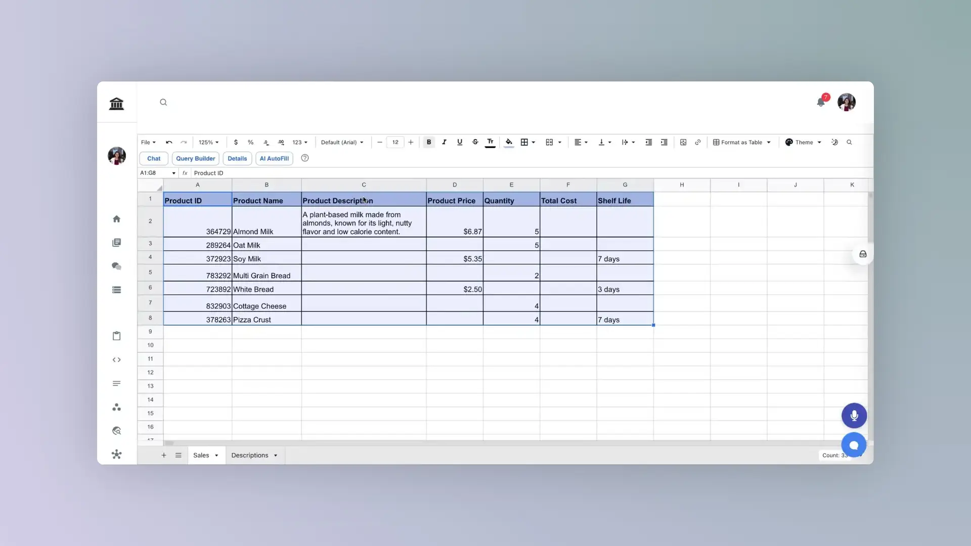 Athena Intelligence AI Autofill feature in spreadsheet view with product details.