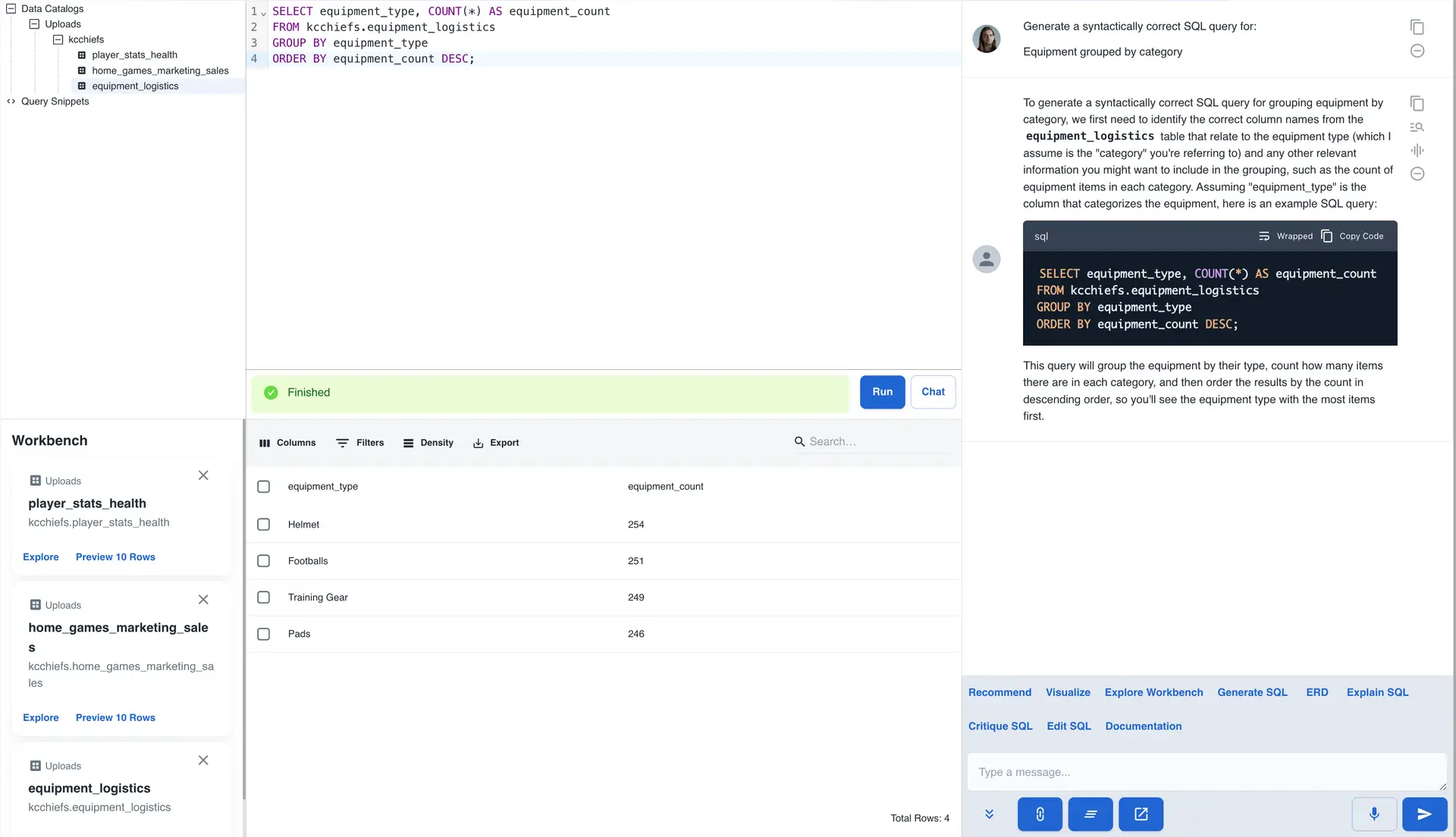 Athena Intelligence Query Editor with SQL query and results for equipment logistics