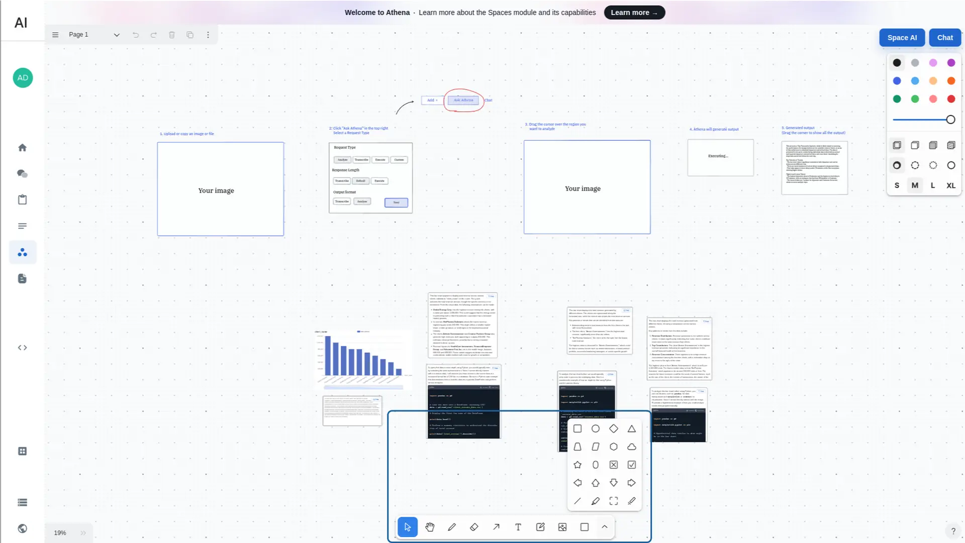 Athena Intelligence Spaces (Beta) interface with drawing tools and instructions for using the Ask Athena feature.