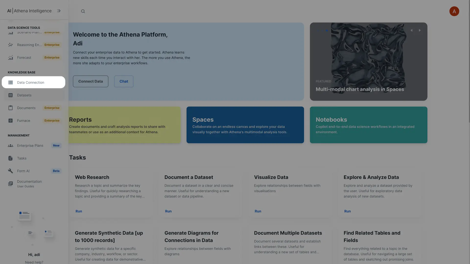 Athena Intelligence platform main interface with Data Connection highlighted.