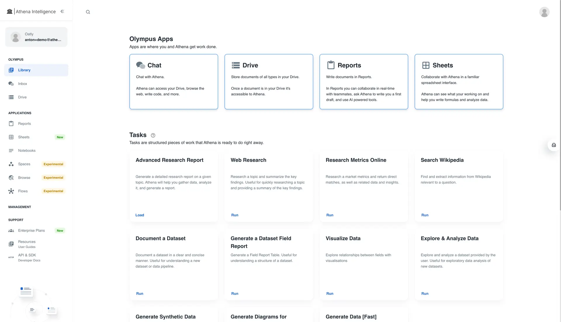 Athena Intelligence Library screen showing Olympus Apps and Tasks