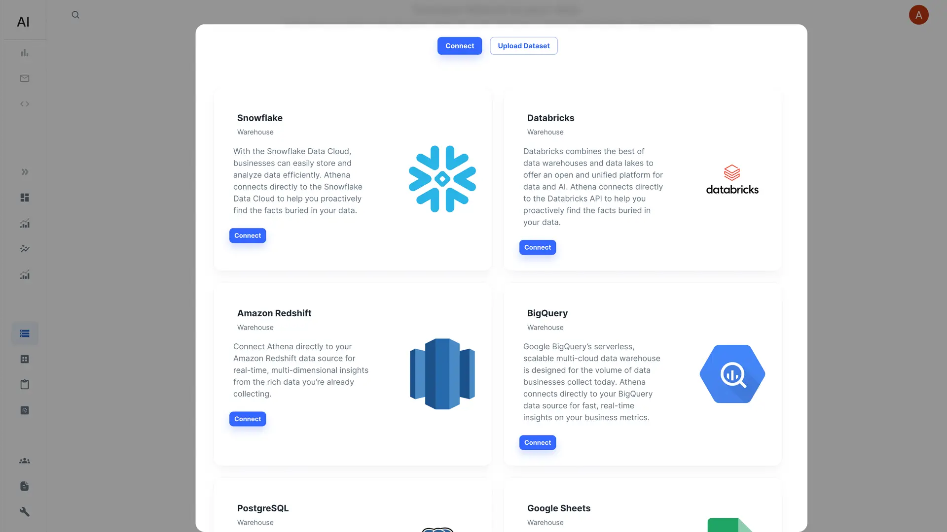 Athena Intelligence Connect Data screen showing options for connecting to Snowflake, Databricks, Amazon Redshift, BigQuery, PostgreSQL, and Google Sheets.