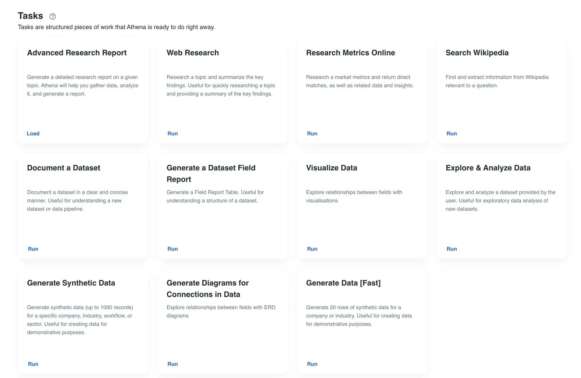 Athena Intelligence platform Tasks section showing various data analysis tasks like Advanced Research Report, Web Research, and more.