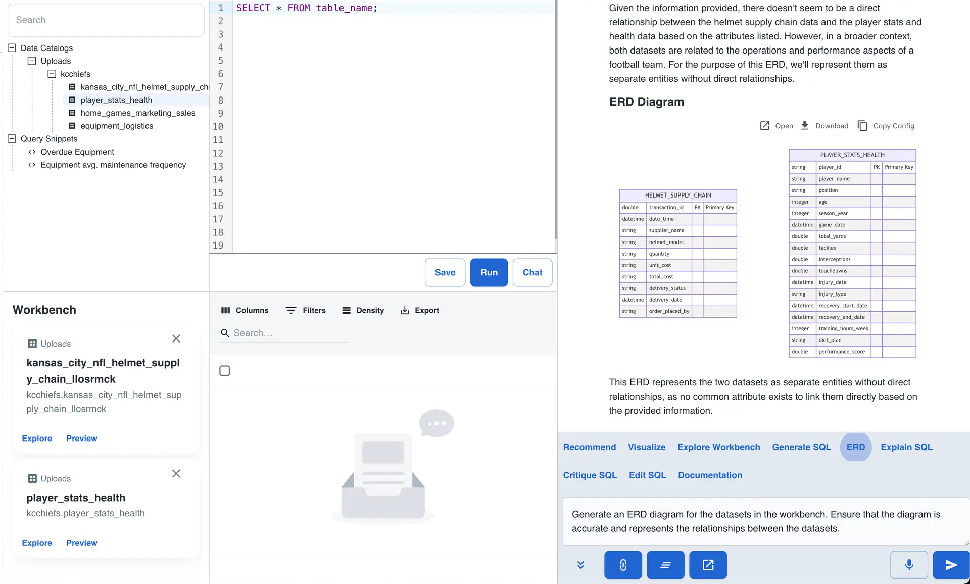 Athena Intelligence Query Editor with SQL editor and ERD diagram