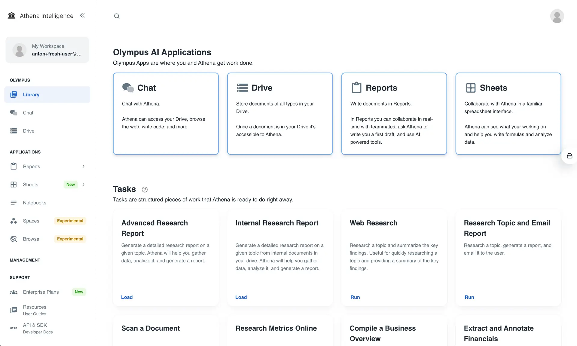 Athena Intelligence Olympus Platform Concepts screen showing applications and tasks.