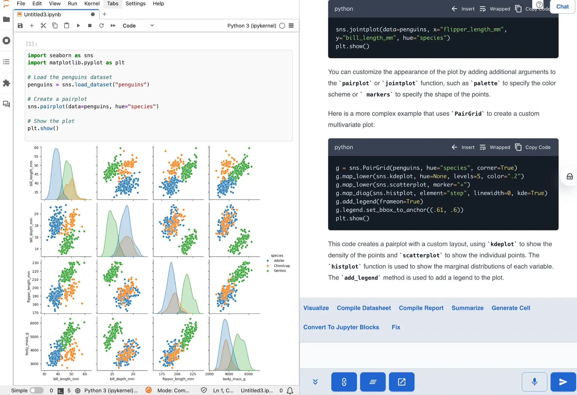 Jupyter Notebook interface with Python code for creating a pairplot of the penguins dataset on the left, and a code editor with additional visualization options on the right.