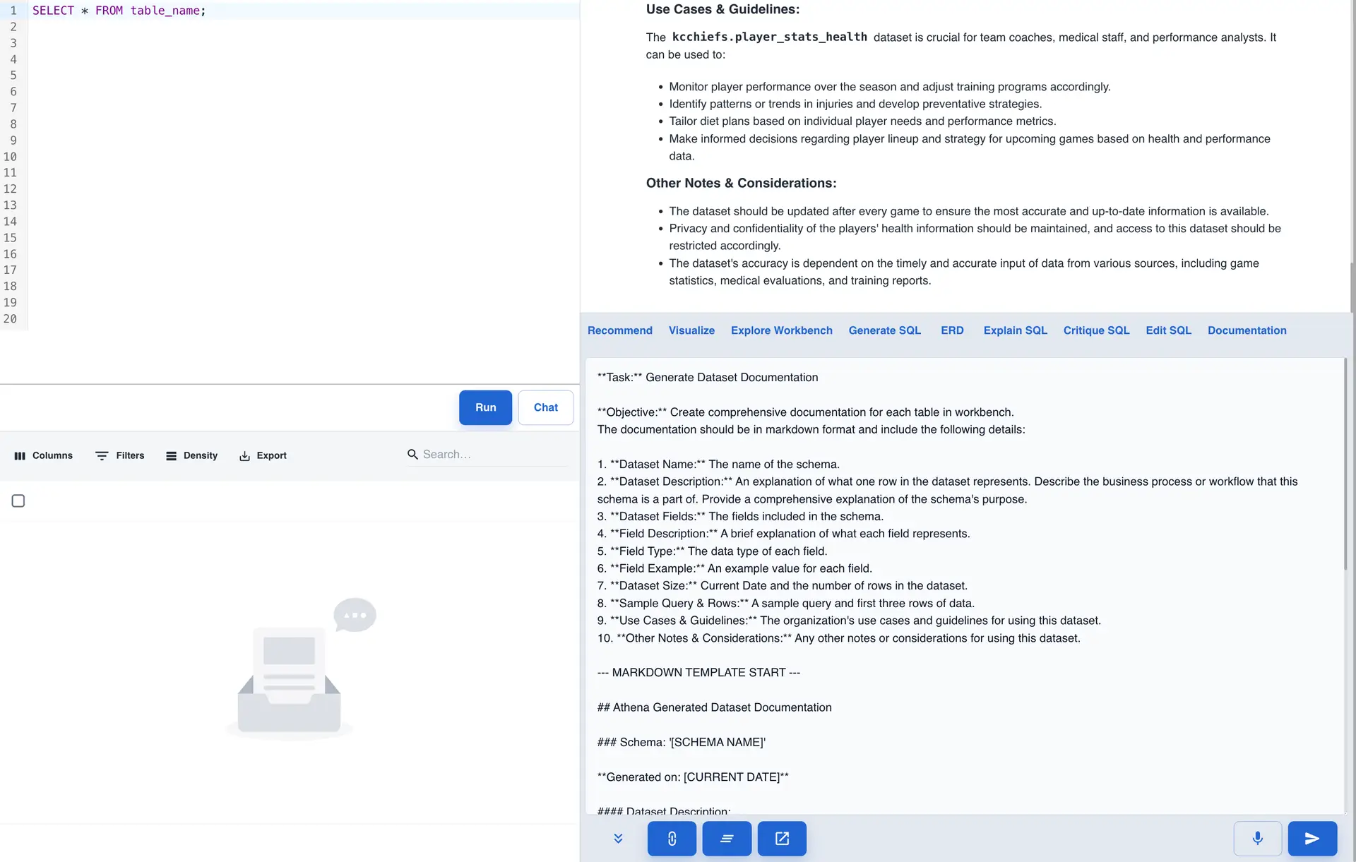 Athena Intelligence Query Editor with SQL query and dataset documentation guidelines